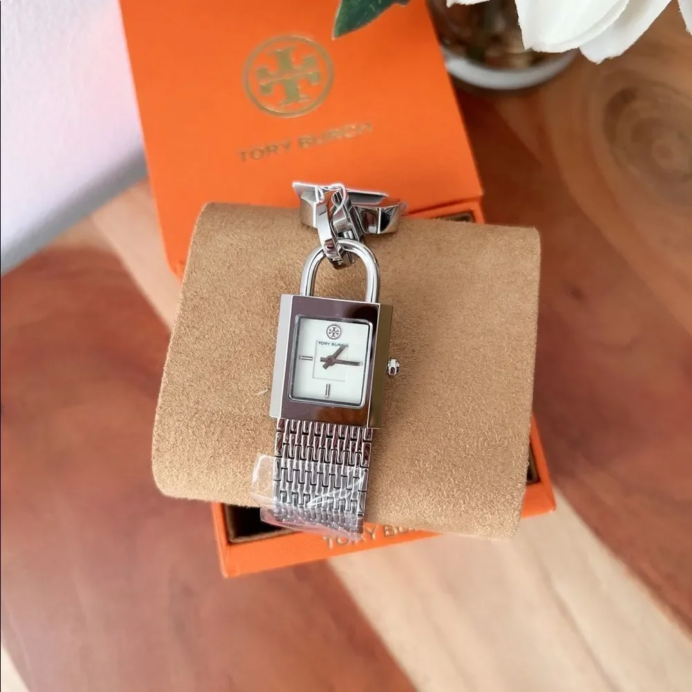 Tory Burch Surrey Silver Tone Stainless Watch Chain Lock Bracelet TBW7101